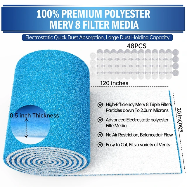 Alt view image 2 of 6 - Air Vent Filters, 20" x 120" Cut to Size Air Filter Material (80+ Filters), MERV 8 Triple Vent Filter Kit for Home Floor, Grilles, Ceiling, HVAC Furnace Vents, With 48PCs Adhesive Hook Tape