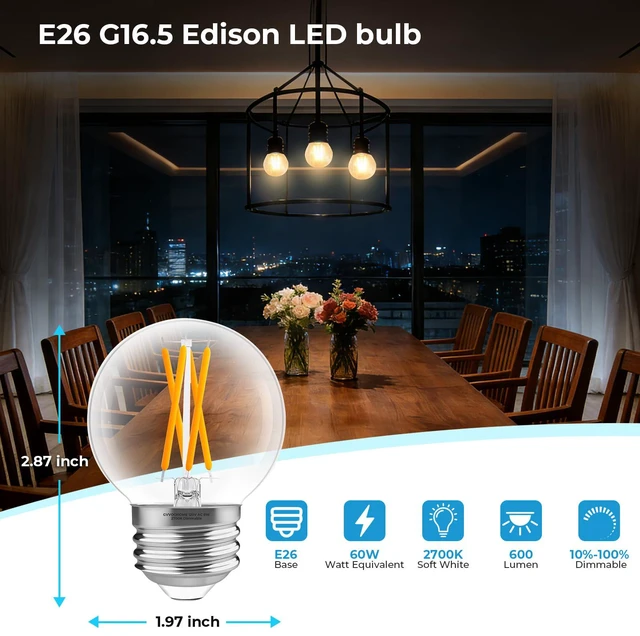 Alt view image 2 of 7 - E26 G16.5 Globe LED Edison Bulb, 60W Equivalent, 2700K Warm White Round Globe Bulbs, 6W 600LM, 90+ CRI, Chandeliers, Ceiling Fan, Vanity & Pendant Lights, Dimmable, 12 Pack