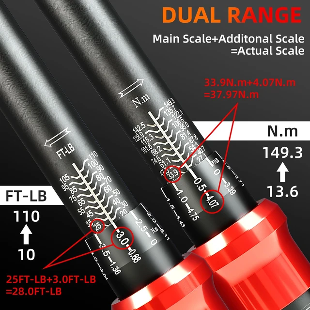 Alt view image 3 of 7 - 3/8-Inch Drive Torque Wrench 10-110ft.lb/13.56-149.14Nm ±3% Precision Dual Direction Torque Wrenches with 72-Tooth Dual Range Scales with Ft.Lbs and N.m