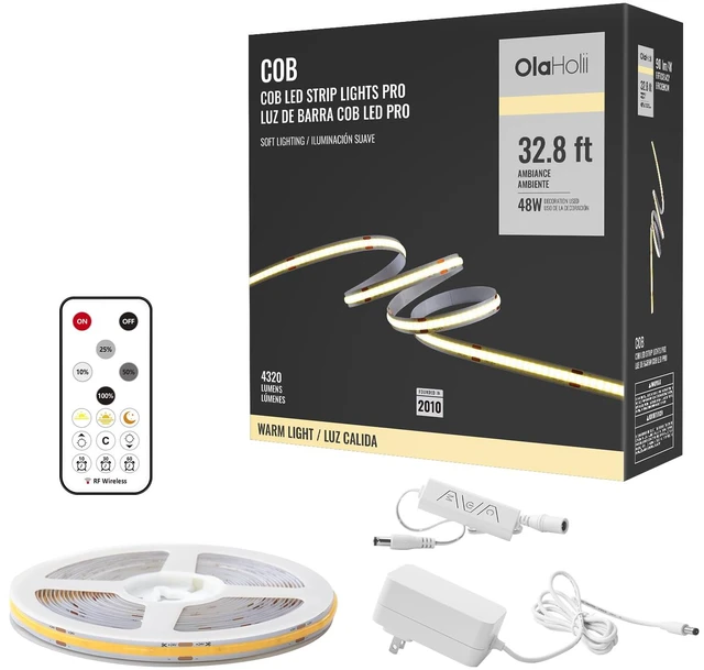 Main image of 32.8ft COB Led Strip Light with Remote, 3000K Ra93+ Dimmable Bright Warm White Led COB Strip Light, White Led Strip Light for Mirror, Stair, Cabinet, Room