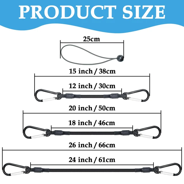 Alt view image 2 of 7 - 12" 18" 24" Mini Short Bungee Cords with Carabiner Hooks Kit Mini Short Bungee Cords and 9" Length Ball Bungee Elastic Tie Downs Straps Assortment Kit for Tent, Bike, Kayak, Luggage