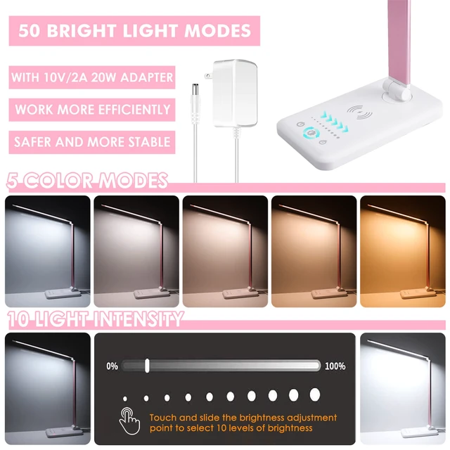 Alt view image 2 of 7 - LED Desk Lamp with Wireless Charger, USB Charging Port, Eye Care 10 Brightness Levels, 5 Color Modes, Touch Control, Auto Timer, Dimmable Reading Light for Home Office, 20W Power Adapter