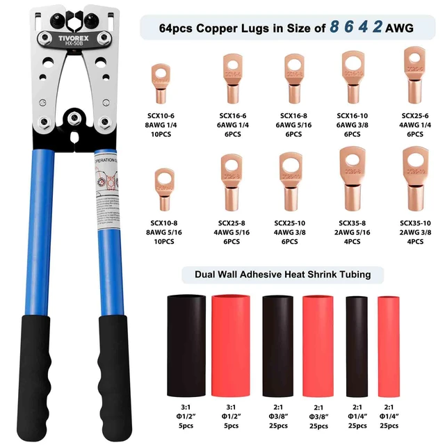 Alt view image 3 of 7 - Battery Cable Crimper for AWG 10-1/0, Electrical Lug Crimper with 64pcs Ring Terminals and 110pcs Heat Shrink Tubing