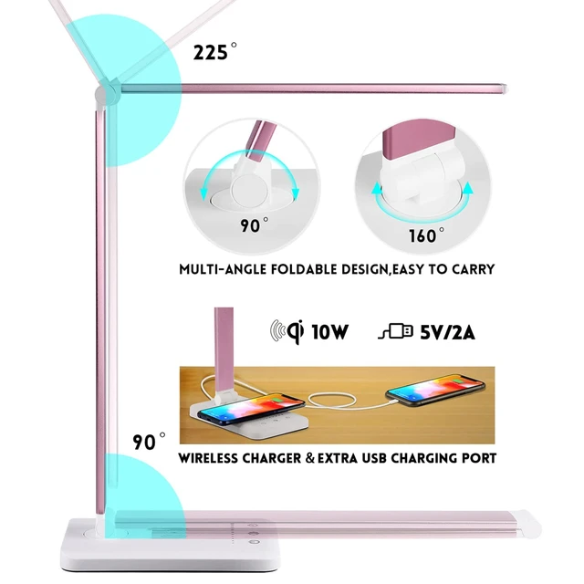 Alt view image 3 of 7 - LED Desk Lamp with Wireless Charger, USB Charging Port, Eye Care 10 Brightness Levels, 5 Color Modes, Touch Control, Auto Timer, Dimmable Reading Light for Home Office, 20W Power Adapter