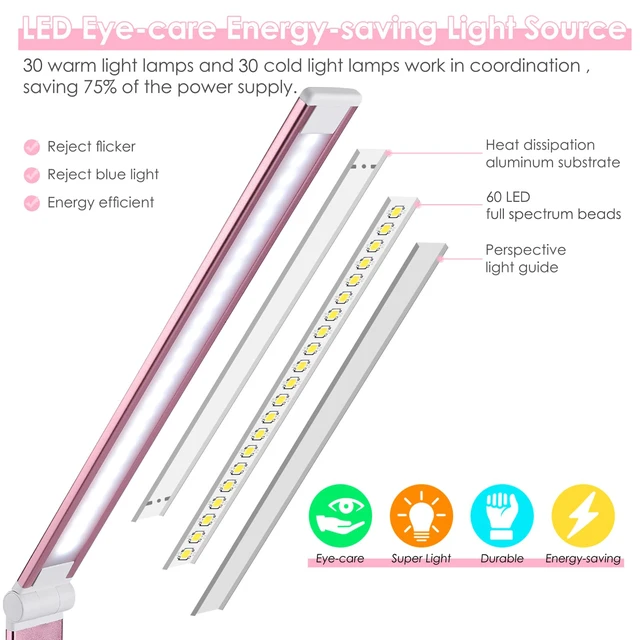 Alt view image 4 of 7 - LED Desk Lamp with Wireless Charger, USB Charging Port, Eye Care 10 Brightness Levels, 5 Color Modes, Touch Control, Auto Timer, Dimmable Reading Light for Home Office, 20W Power Adapter