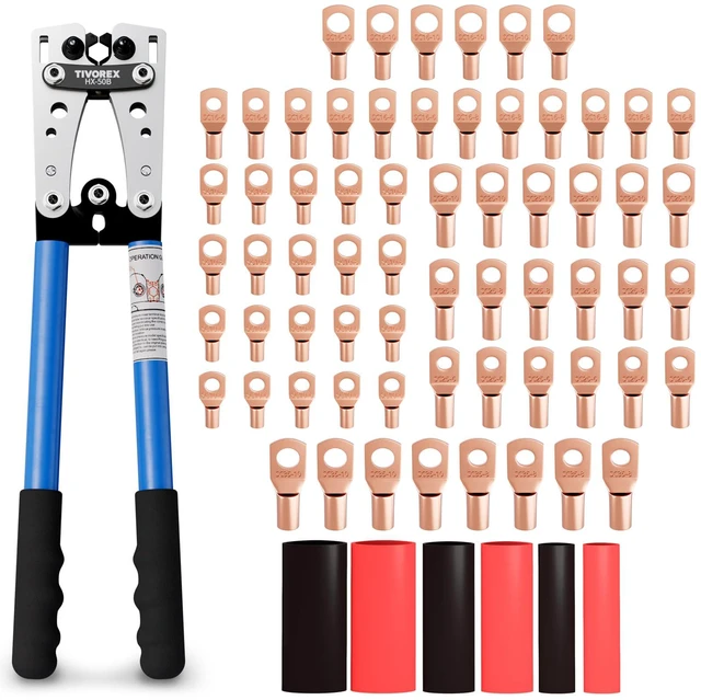 Main image of Battery Cable Crimper for AWG 10-1/0, Electrical Lug Crimper with 64pcs Ring Terminals and 110pcs Heat Shrink Tubing