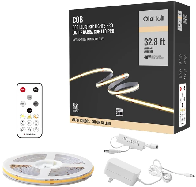 Main image of 32.8ft COB Led Strip Light with Remote, 2700K Ra93+ Dimmable Bright Warm White Led COB Strip Light, White Led Strip Light for Mirror, Stair, Cabinet, Room