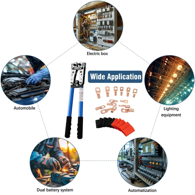 Alt view image 7 of 7 - Battery Cable Crimper for AWG 10-1/0, Electrical Lug Crimper with 64pcs Ring Terminals and 110pcs Heat Shrink Tubing