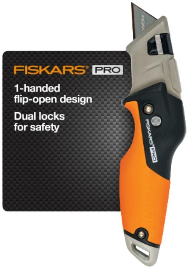 Main image of Pro Folding Utility Knife, Dual-Lock, 4.5" Folded Size Ergonomic Box Cutter Tool, Long-Lasting CarbonMax Razor Blade, Flip-Open Design, Dual-Locking System for Safety