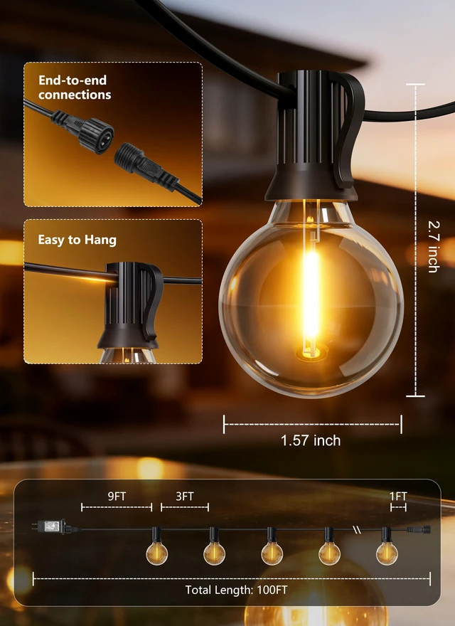 Alt view image 4 of 7 - 100FT 31 Bulbs Outdoor String Lights with Remote & Dimmable IP65 Waterproof String Lights, G40 Shatterproof Connectable Patio Light for Backyard Porch Balcony Garden Christmas Camping