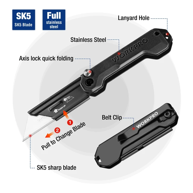 Alt view image 3 of 7 - 2PCS EDC Folding Utility Knife, Mini Box Cutter with Quick Open Axis Lock, Quick Change Blade Razor Knife, Foldable Small Pocket Knife with Belt Clip, 2 Packs with 10 Extra Blades