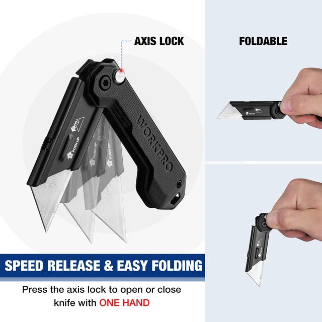 Alt view image 5 of 7 - 2PCS EDC Folding Utility Knife, Mini Box Cutter with Quick Open Axis Lock, Quick Change Blade Razor Knife, Foldable Small Pocket Knife with Belt Clip, 2 Packs with 10 Extra Blades