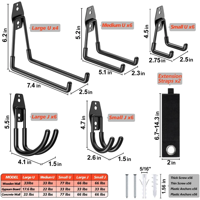 Alt view image 2 of 3 - MKRUI 30-Pack Garage Hooks for Storage & Hanging Items, Save Space Hangs Bikes, Ladders, Ropes, Hoses, Tools; for Garage, Warehouse, Shop, Shed, Yard