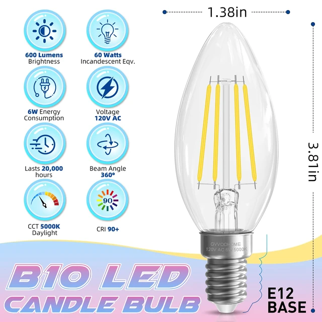 Alt view image 2 of 6 - Candelabra Light Bulbs 5000K Daylight, 60W Equivalent, E12 LED Bulb LED Chandelier Bulbs, 6 Pack B10 Candle Bulb, 90+CRI, 600LM, Clear Glass, Non-Dimmable