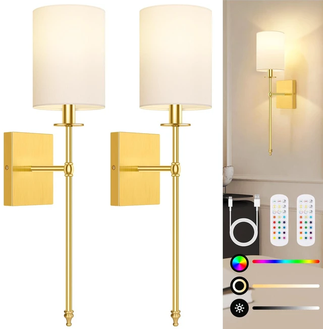 Main image of Battery Operated Wall Sconces Set of 2, Rechargeable Sconces with Remote Gold Wall Lights with White Fabric Shade, Dimmable Wireless Wall Lamp with RGBWW Bulbs for Bedroom Living Room Hallway Decor