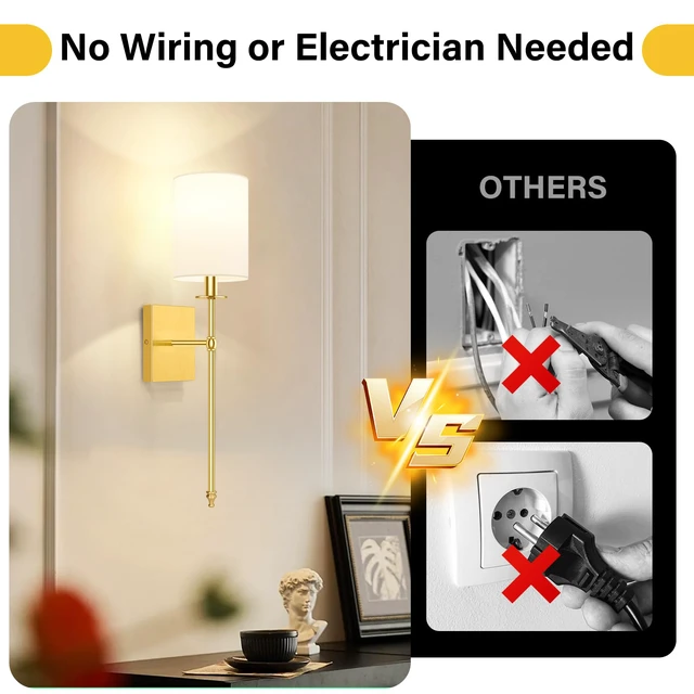 Alt view image 2 of 5 - Battery Operated Wall Sconces Set of 2, Rechargeable Sconces with Remote Gold Wall Lights with White Fabric Shade, Dimmable Wireless Wall Lamp with RGBWW Bulbs for Bedroom Living Room Hallway Decor