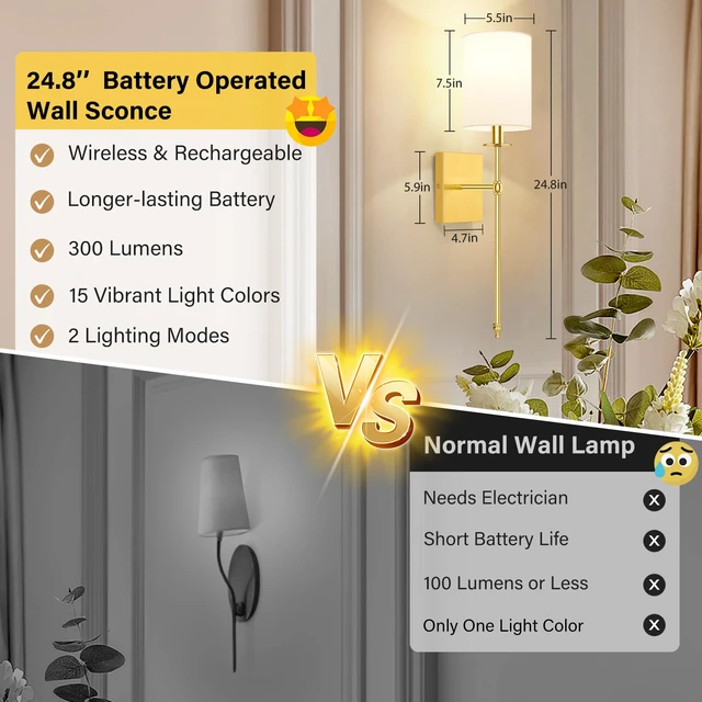 Alt view image 3 of 5 - Battery Operated Wall Sconces Set of 2, Rechargeable Sconces with Remote Gold Wall Lights with White Fabric Shade, Dimmable Wireless Wall Lamp with RGBWW Bulbs for Bedroom Living Room Hallway Decor