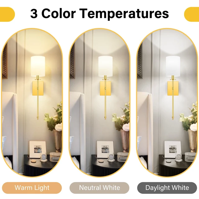 Alt view image 5 of 5 - Battery Operated Wall Sconces Set of 2, Rechargeable Sconces with Remote Gold Wall Lights with White Fabric Shade, Dimmable Wireless Wall Lamp with RGBWW Bulbs for Bedroom Living Room Hallway Decor