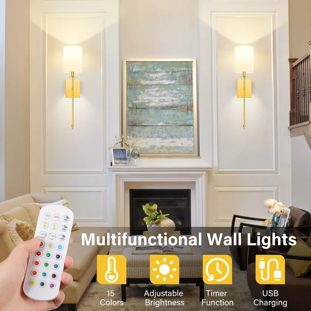 Alt view image 4 of 5 - Battery Operated Wall Sconces Set of 2, Rechargeable Sconces with Remote Gold Wall Lights with White Fabric Shade, Dimmable Wireless Wall Lamp with RGBWW Bulbs for Bedroom Living Room Hallway Decor