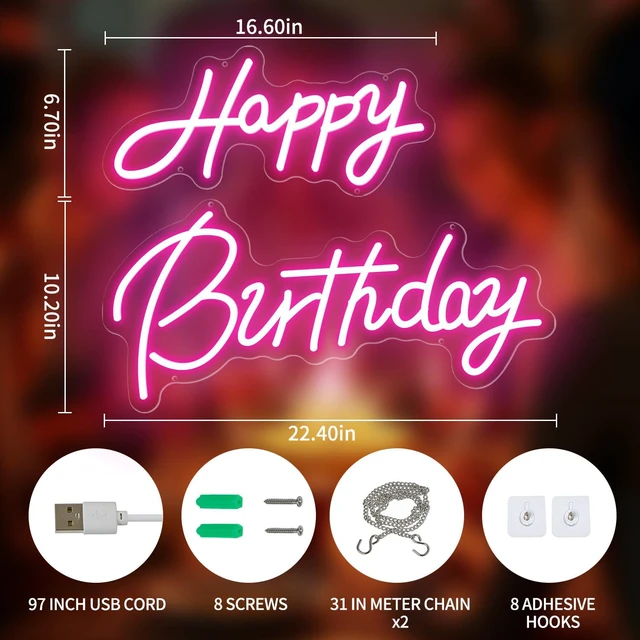 Main image of Happy Birthday Neon Sign, Pink LED for Birthday Party Backdrop 22x16.9 Inch Happy Birthday Light Up Sign for Party,Bedroom,Reunion