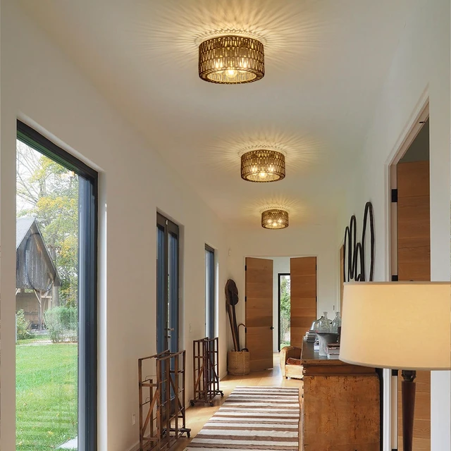 Alt view image 3 of 7 - Rattan Ceiling Light Fixture, 3-Light Bohemian Modern Woven Ceiling Light, Black Boho Flush Mount Ceiling Light for Bedroom Living Room Dining Room, Bulb Not Included