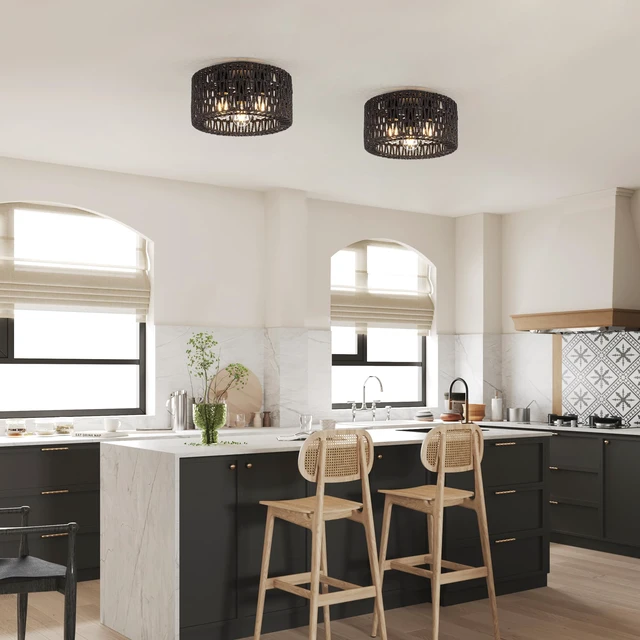 Alt view image 2 of 7 - Rattan Ceiling Light Fixture, 3-Light Bohemian Modern Woven Ceiling Light, Black Boho Flush Mount Ceiling Light for Bedroom Living Room Dining Room, Bulb Not Included
