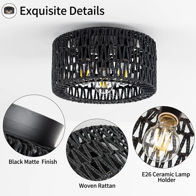 Alt view image 6 of 7 - Rattan Ceiling Light Fixture, 3-Light Bohemian Modern Woven Ceiling Light, Black Boho Flush Mount Ceiling Light for Bedroom Living Room Dining Room, Bulb Not Included