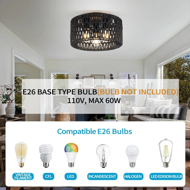 Alt view image 5 of 7 - Rattan Ceiling Light Fixture, 3-Light Bohemian Modern Woven Ceiling Light, Black Boho Flush Mount Ceiling Light for Bedroom Living Room Dining Room, Bulb Not Included