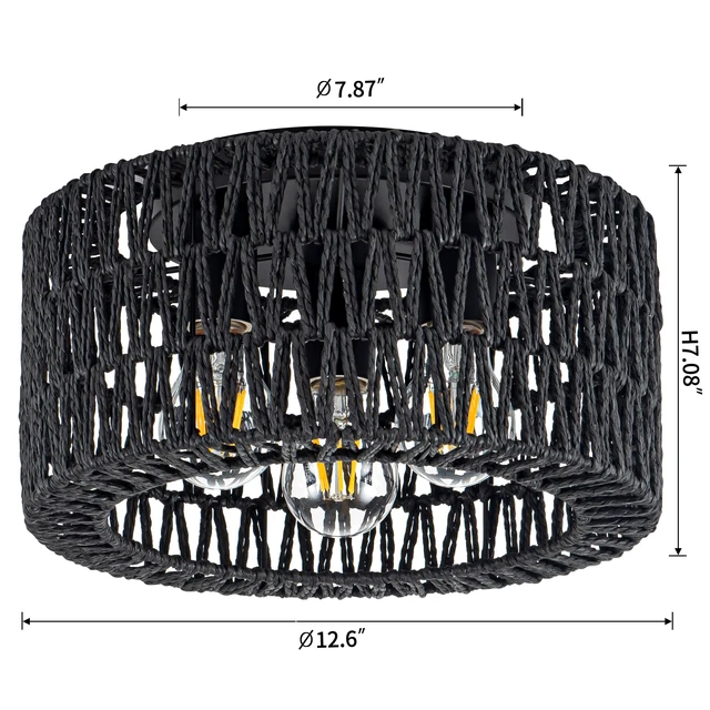 Alt view image 7 of 7 - Rattan Ceiling Light Fixture, 3-Light Bohemian Modern Woven Ceiling Light, Black Boho Flush Mount Ceiling Light for Bedroom Living Room Dining Room, Bulb Not Included