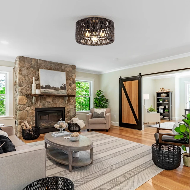 Alt view image 4 of 7 - Rattan Ceiling Light Fixture, 3-Light Bohemian Modern Woven Ceiling Light, Black Boho Flush Mount Ceiling Light for Bedroom Living Room Dining Room, Bulb Not Included