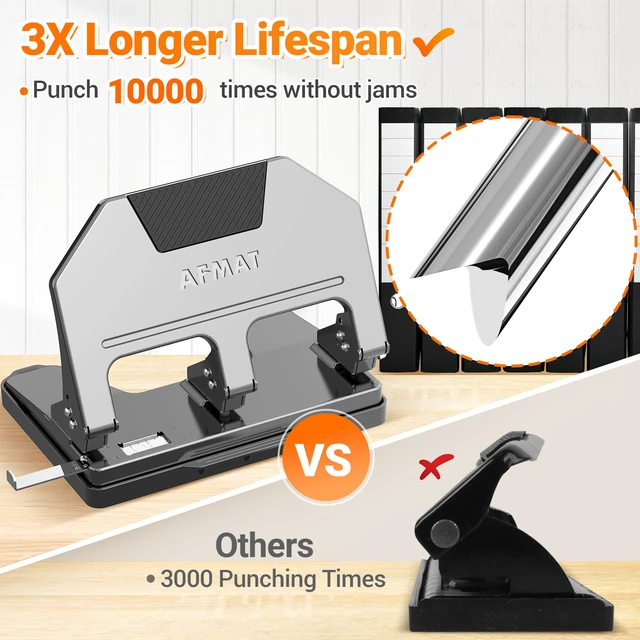 Alt view image 4 of 7 - 3 Hole Punch, 9/32" Hole Diameter, 40-Sheet 3 Hole Puncher for Binder, 50% Reduced Effort, Metal Heavy Duty Hole Puncher w/ 10,000+ Uses, Bulit-in S.S. Paper Guide, Large Chip Tray, Gray, HPX3
