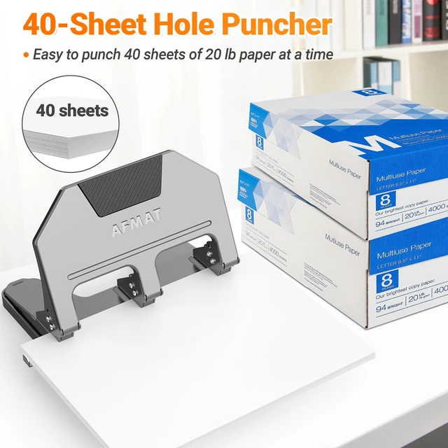 Alt view image 2 of 7 - 3 Hole Punch, 9/32" Hole Diameter, 40-Sheet 3 Hole Puncher for Binder, 50% Reduced Effort, Metal Heavy Duty Hole Puncher w/ 10,000+ Uses, Bulit-in S.S. Paper Guide, Large Chip Tray, Gray, HPX3