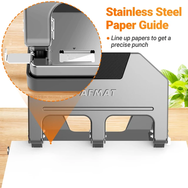 Alt view image 5 of 7 - 3 Hole Punch, 9/32" Hole Diameter, 40-Sheet 3 Hole Puncher for Binder, 50% Reduced Effort, Metal Heavy Duty Hole Puncher w/ 10,000+ Uses, Bulit-in S.S. Paper Guide, Large Chip Tray, Gray, HPX3
