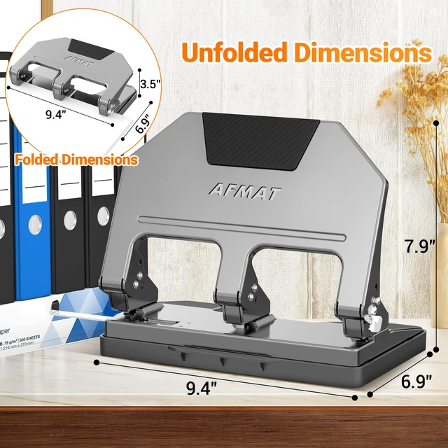 Alt view image 7 of 7 - 3 Hole Punch, 9/32" Hole Diameter, 40-Sheet 3 Hole Puncher for Binder, 50% Reduced Effort, Metal Heavy Duty Hole Puncher w/ 10,000+ Uses, Bulit-in S.S. Paper Guide, Large Chip Tray, Gray, HPX3