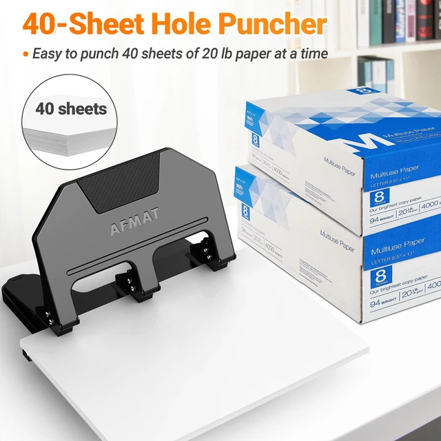 Alt view image 2 of 7 - 3 Hole Punch Heavy Duty, 9/32" Hole Diameter, 40-Sheet 3 Hole Puncher for Binder, 50% Reduced Effort, Metal Three Hole Punch w/ 10,000+ Uses, Bulit-in S.S. Paper Guide, Large Chip Tray, HPX3