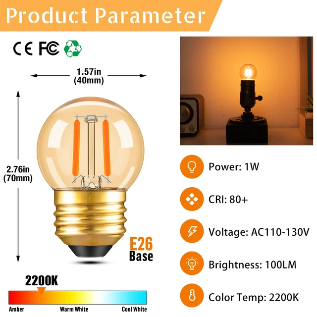Alt view image 3 of 6 - G40 LED Low Watt Light Bulbs Warm Glow E26 Amber 1W 10 Watt Light Bulb Low Lumen Light Bulb Small Edison Short Light Bulbs Decorative Dim Light Bulbs for Lamp,Bedroom,2200K 100LM,15 PACK