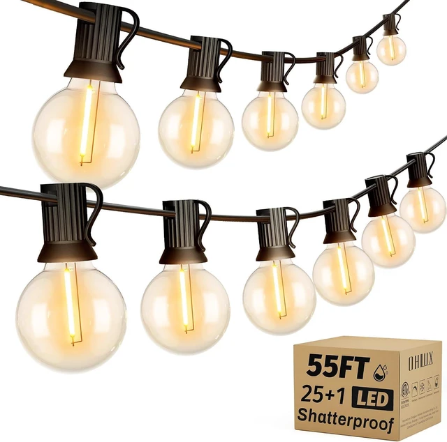 Main image of Outdoor String Lights, 55FT Shatterproof LED Patio Lights with 26 Dimmable Plastic G40 Bulbs, 2200K Waterproof Connectable Hanging String for Backyard Cafe Porch Deck E12 Base