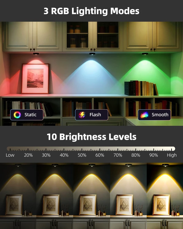 Alt view image 3 of 7 - RGB Rechargeable Puck Lights with Remote Control, 1500mAh Battery Operated Tap Lights, Dimmer & Timer Under Cabinet, Wireless LED Stick-On for Closet, Bedroom, Kitchen - Black 3Pcs