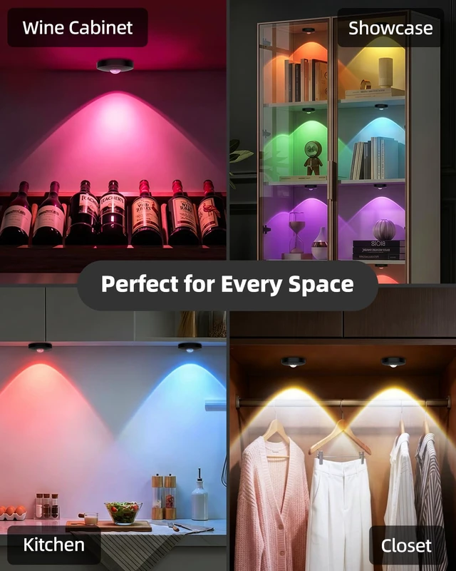 Alt view image 5 of 7 - RGB Rechargeable Puck Lights with Remote Control, 1500mAh Battery Operated Tap Lights, Dimmer & Timer Under Cabinet, Wireless LED Stick-On for Closet, Bedroom, Kitchen - Black 3Pcs