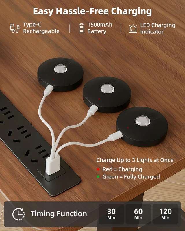 Alt view image 6 of 7 - RGB Rechargeable Puck Lights with Remote Control, 1500mAh Battery Operated Tap Lights, Dimmer & Timer Under Cabinet, Wireless LED Stick-On for Closet, Bedroom, Kitchen - Black 3Pcs