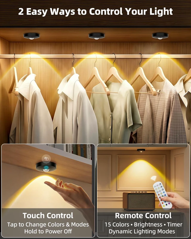 Alt view image 7 of 7 - RGB Rechargeable Puck Lights with Remote Control, 1500mAh Battery Operated Tap Lights, Dimmer & Timer Under Cabinet, Wireless LED Stick-On for Closet, Bedroom, Kitchen - Black 3Pcs