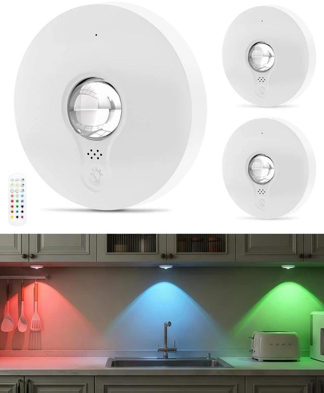 Main image of RGB Rechargeable Puck Lights with Remote Control, 1500mAh Battery Operated Tap Lights, Dimmer & Timer Under Cabinet, Wireless LED Stick-On for Closet, Bedroom, Kitchen - White 3Pcs