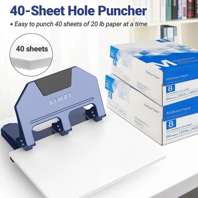 Alt view image 2 of 7 - 3 Hole Punch, 9/32" Holes, 40-Sheet 3 Hole Puncher for Binder, 50% Reduced Effort, Metal Heavy Duty Three Hole Punch w/ 10,000+ Uses, Bulit-in S.S. Paper Guide, Large Chip Tray, Blue, HPX3