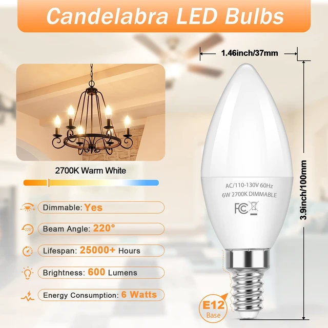 Alt view image 2 of 7 - E12 LED Bulbs, 6W Dimmable Chandelier Light Bulbs for Small Base C37 Candelabra Light Bulbs for Ceiling Fan Pendant Lights,2700K Warm White,12-Pack
