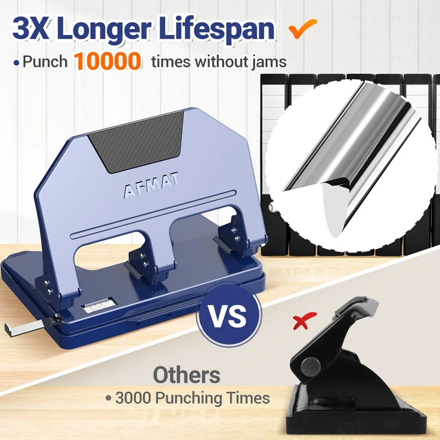 Alt view image 4 of 7 - 3 Hole Punch, 9/32" Holes, 40-Sheet 3 Hole Puncher for Binder, 50% Reduced Effort, Metal Heavy Duty Three Hole Punch w/ 10,000+ Uses, Bulit-in S.S. Paper Guide, Large Chip Tray, Blue, HPX3