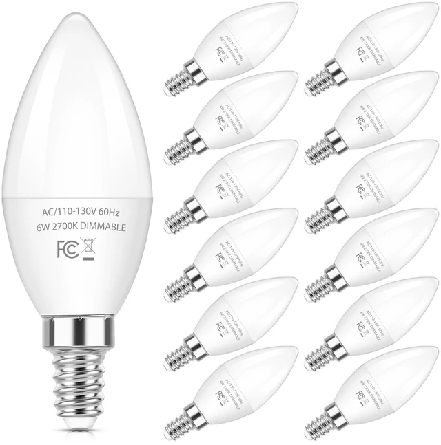 Main image of E12 LED Bulbs, 6W Dimmable Chandelier Light Bulbs for Small Base C37 Candelabra Light Bulbs for Ceiling Fan Pendant Lights,2700K Warm White,12-Pack