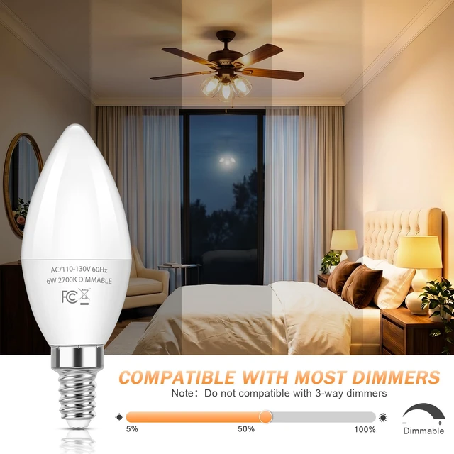 Alt view image 3 of 7 - E12 LED Bulbs, 6W Dimmable Chandelier Light Bulbs for Small Base C37 Candelabra Light Bulbs for Ceiling Fan Pendant Lights,2700K Warm White,12-Pack