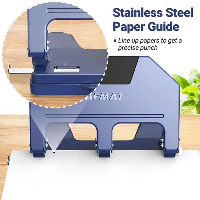 Alt view image 5 of 7 - 3 Hole Punch, 9/32" Holes, 40-Sheet 3 Hole Puncher for Binder, 50% Reduced Effort, Metal Heavy Duty Three Hole Punch w/ 10,000+ Uses, Bulit-in S.S. Paper Guide, Large Chip Tray, Blue, HPX3