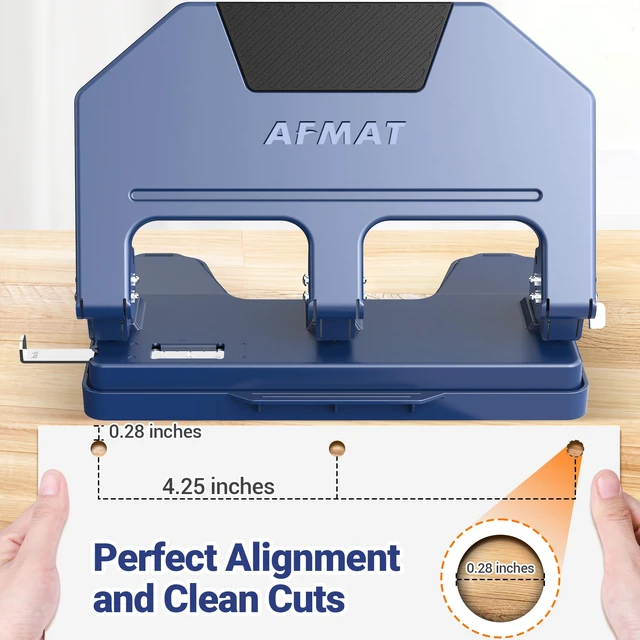 Alt view image 6 of 7 - 3 Hole Punch, 9/32" Holes, 40-Sheet 3 Hole Puncher for Binder, 50% Reduced Effort, Metal Heavy Duty Three Hole Punch w/ 10,000+ Uses, Bulit-in S.S. Paper Guide, Large Chip Tray, Blue, HPX3