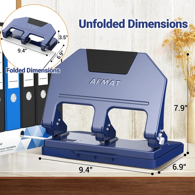 Alt view image 7 of 7 - 3 Hole Punch, 9/32" Holes, 40-Sheet 3 Hole Puncher for Binder, 50% Reduced Effort, Metal Heavy Duty Three Hole Punch w/ 10,000+ Uses, Bulit-in S.S. Paper Guide, Large Chip Tray, Blue, HPX3